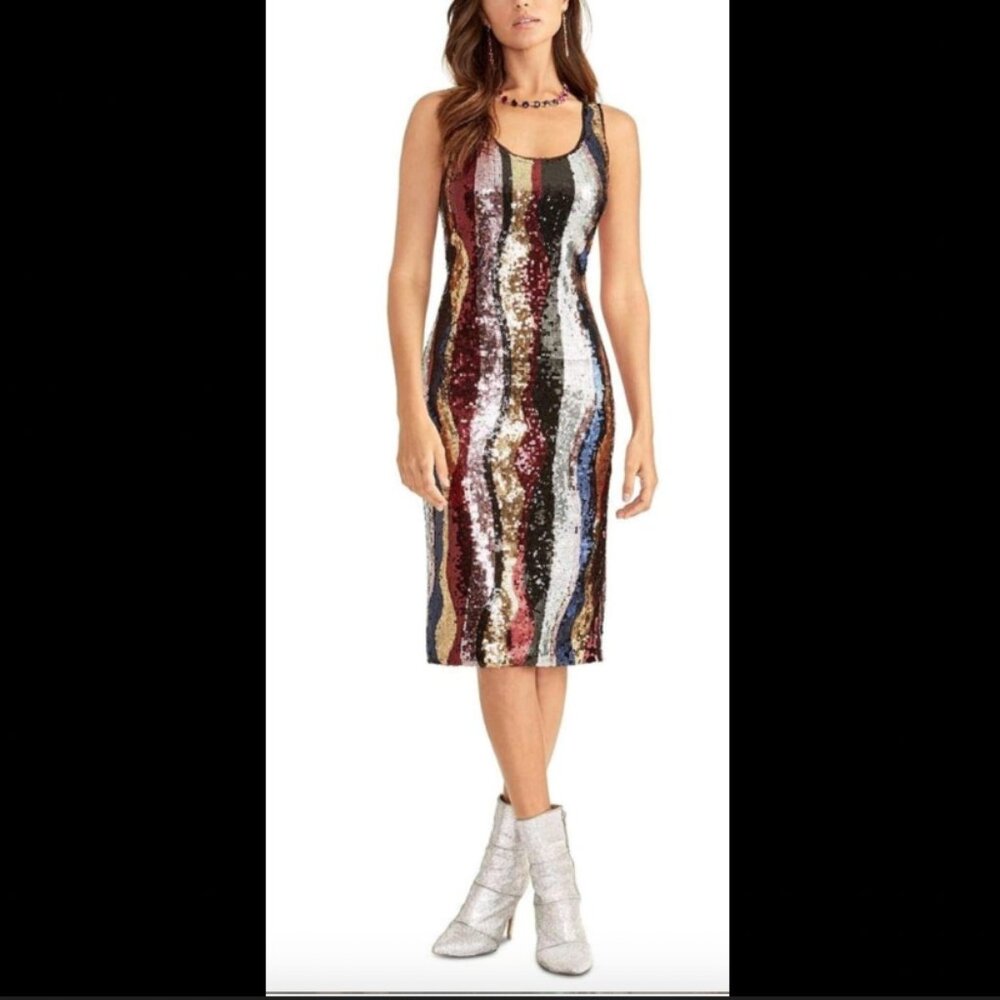 RACHEL ROY Colorful Sequins Striped Sleeveless Midi Sheath Dress Size Small